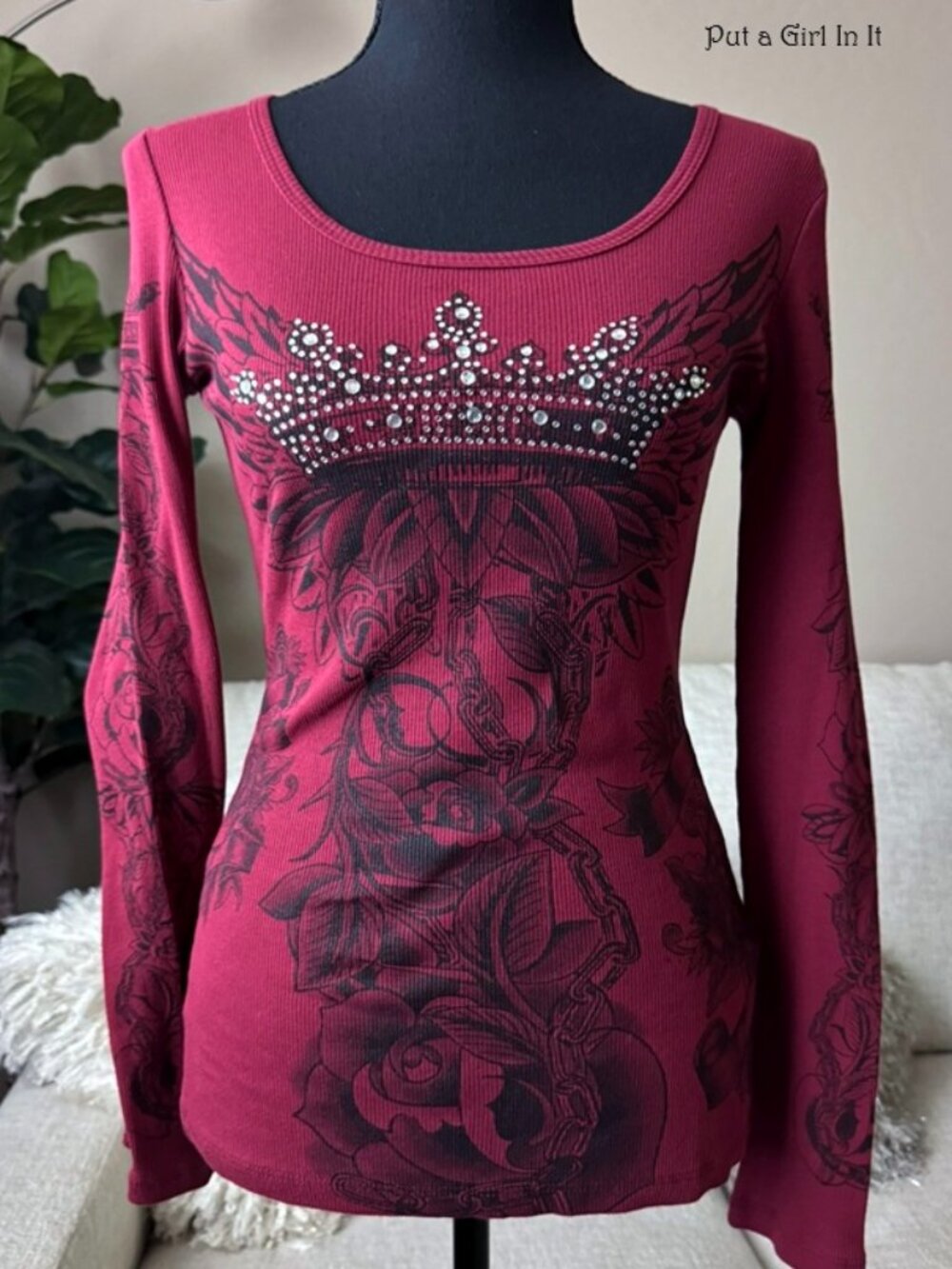 Vocal Apparel Women's Crystal Burgundy Black Crown Wings Bling Biker Shirt S Y2K
